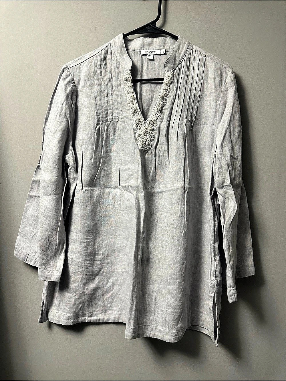 Chico's Linen Embroidered Tunic in Gray Size 8